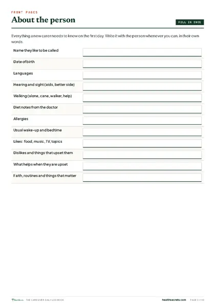 The Caregiver Daily Log Book: About the person, for every new carer