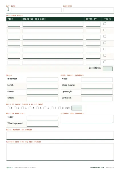 The Caregiver Daily Log Book: A daily page: medicines, meals, fluids, mood, handoff