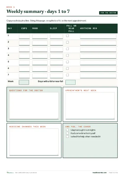 The Caregiver Daily Log Book: The weekly summary for the doctor