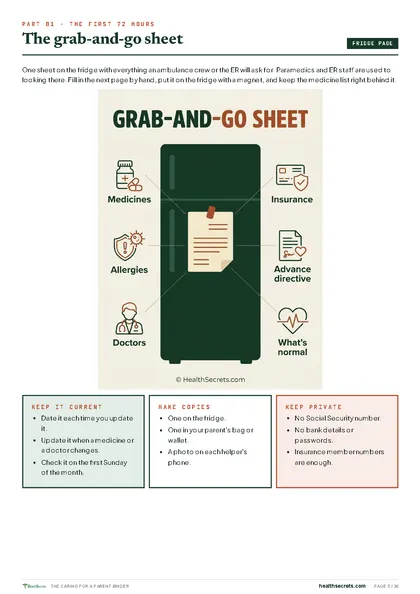 The Caring for a Parent Binder: The grab-and-go sheet for the fridge