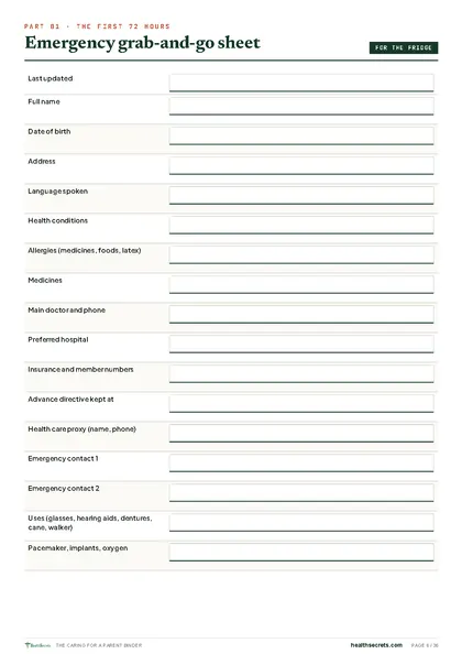 The Caring for a Parent Binder: The emergency sheet, ready to fill in