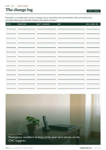 The Caring for a Parent Binder: The change log: what, when, why, who said so