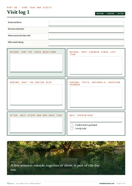 The Caring for a Parent Binder: Visit log: before, during and after