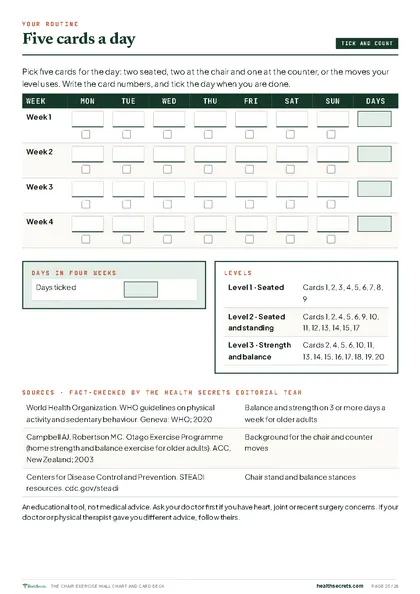 The Chair Exercise Wall Chart and Card Deck: Five cards a day: the routine tracker