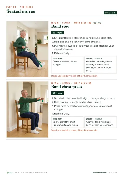 The 28-Day Chair Strength and Balance Plan: Band row and band chest press