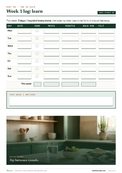 The 28-Day Chair Strength and Balance Plan: Weekly log that counts moves and minutes