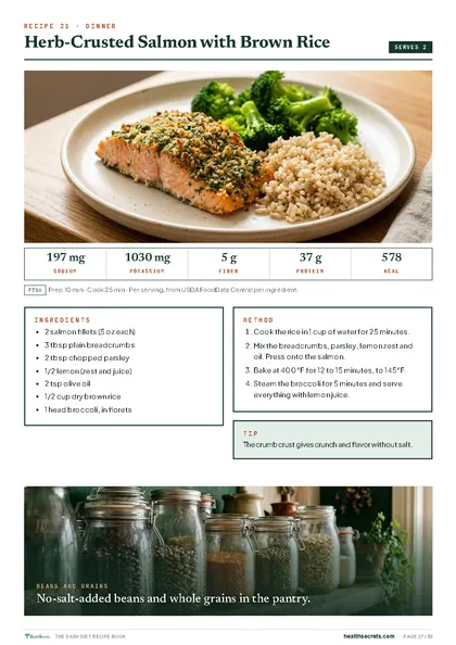 The DASH Diet Recipe Book: Herb-crusted salmon with brown rice
