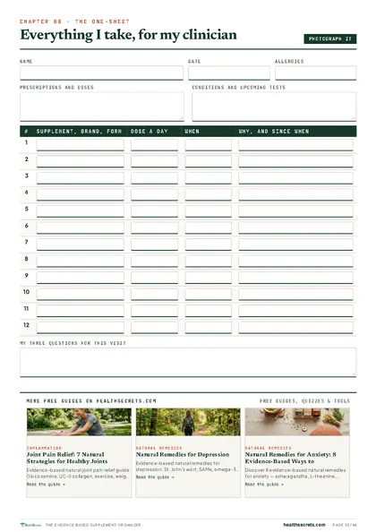 Evidence-Based Supplement Organizer & Safety Log: The one-sheet to photograph and hand to your clinician