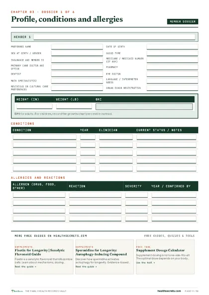 Family Health Records Vault: A member dossier: profile, conditions and allergies, with BMI