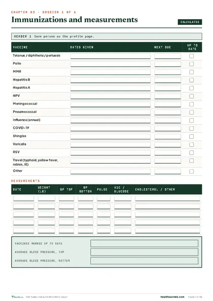 Family Health Records Vault: Immunizations and measurements, with blood pressure averaged