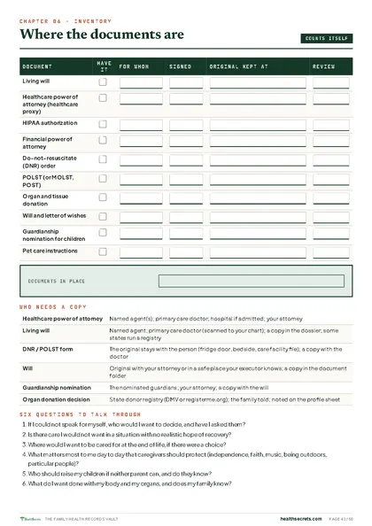 Family Health Records Vault: Where the documents are: the directives inventory
