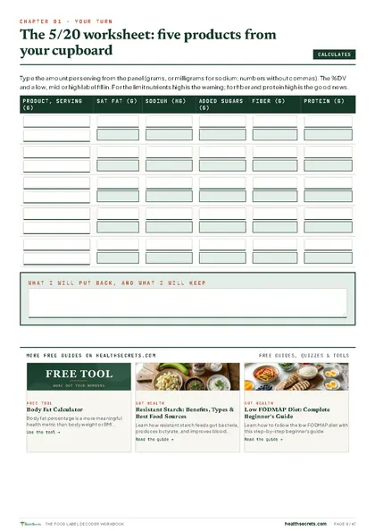 Food Label Decoder Workbook: The 5/20 worksheet: your products, %DV calculated