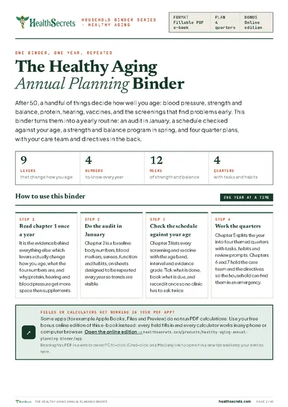 Healthy Aging Annual Planning Binder: Nine levers, four numbers and how to use the binder