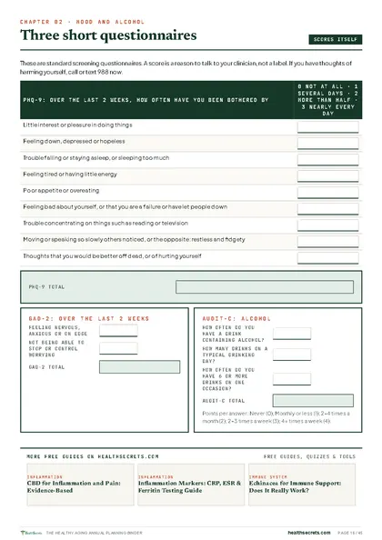 Healthy Aging Annual Planning Binder: PHQ-9, GAD-2 and AUDIT-C, scored as you fill them in