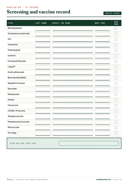 Healthy Aging Annual Planning Binder: Your screening and vaccine record, with what is due now