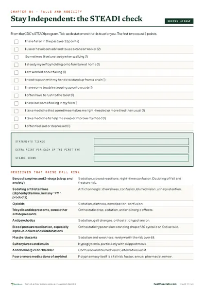 Healthy Aging Annual Planning Binder: The CDC STEADI Stay Independent check, scored