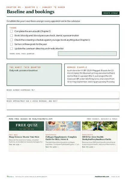 Healthy Aging Annual Planning Binder: Quarter 1: tasks that count themselves, with a worked example