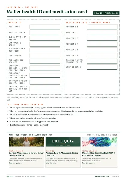 Healthy Travel Preparation Toolkit: Wallet health ID and medication card to print and carry