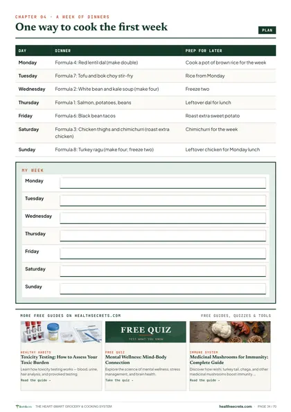 Heart-Smart Grocery & Cooking System: A week of dinners, your own plan, and a typical day against a day from the system