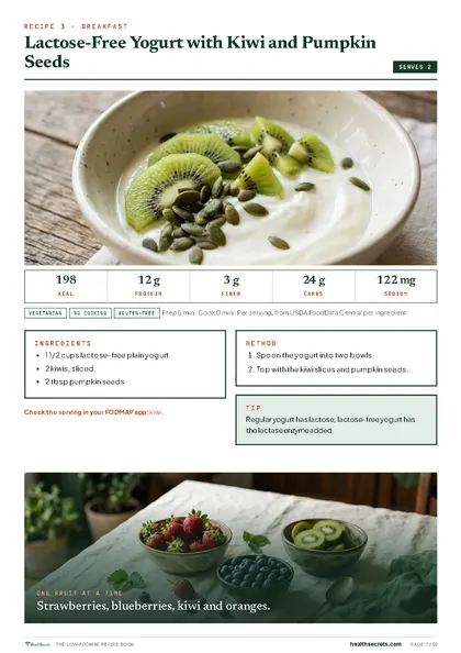 The Low-FODMAP Recipe Book: Lactose-free yogurt with kiwi and pumpkin seeds