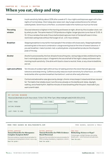 Metabolic Health Habit Dashboard: Pillar 3: rhythm, with an eating-window calculator