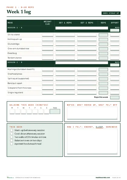 Strength at Home for Women 40+: A log page for every week