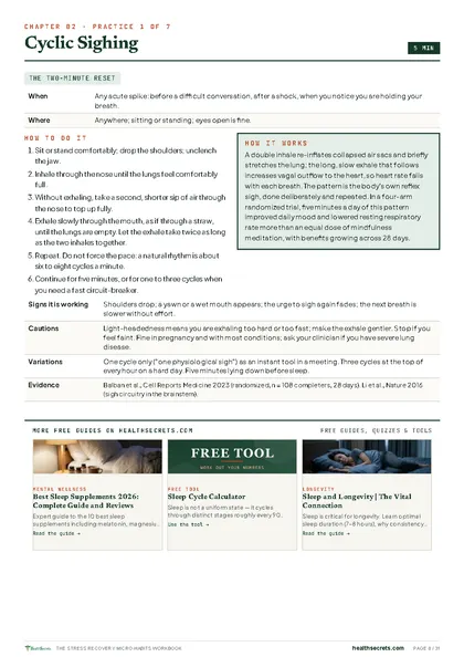 Stress Recovery Micro-Habits Workbook: Practice 1 of 7: cyclic sighing, with steps and evidence