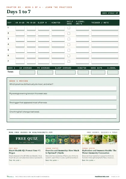 Stress Recovery Micro-Habits Workbook: Week 1 of the 30-day log: it adds itself up