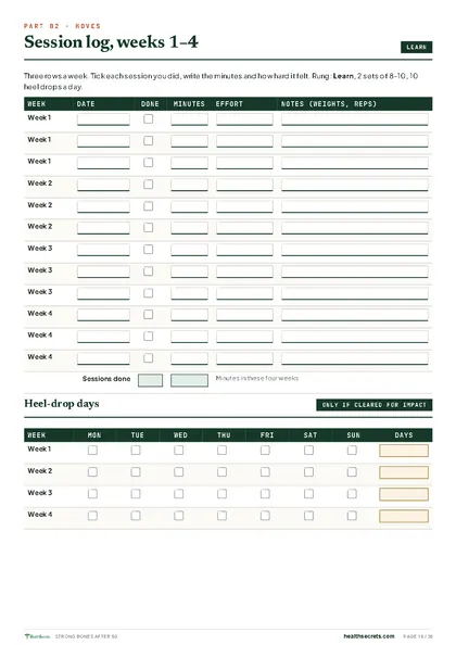 Strong Bones After 50: Session log that adds up sessions and minutes