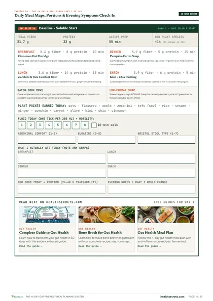 The 14-Day Gut-Friendly Meal Planning System: A day page: four meals, fiber and protein counts, a swap, and your evening check-in
