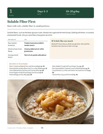 The 14-Day Gut-Friendly Meal Planning System: Phase 1: soluble fiber first, with swaps and the recipes for Days 1 to 3