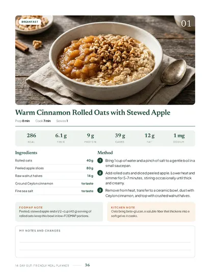 The 14-Day Gut-Friendly Meal Planning System: A recipe page: photo, ingredients in grams, method and USDA-based values