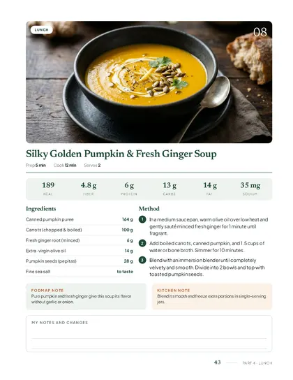 The 14-Day Gut-Friendly Meal Planning System: Silky golden pumpkin and fresh ginger soup