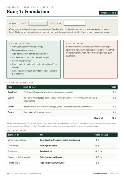 The Gentle Fiber Ladder Workbook: Rung 1: foods to add, foods to wait on, and a counted sample day