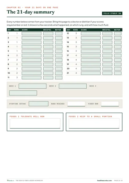 The Gentle Fiber Ladder Workbook: Your 21 days on one page, filled in from the tracker