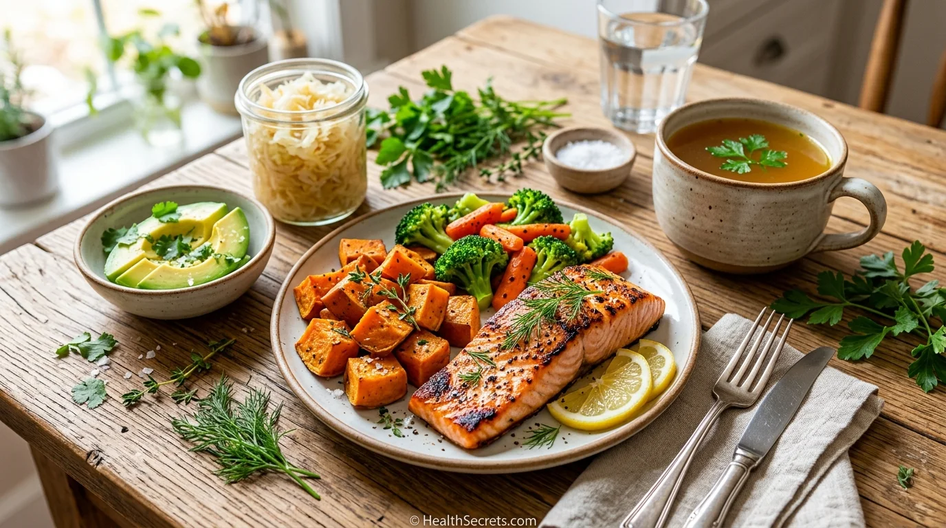 Colorful autoimmune protocol diet meal with salmon, vegetables, avocado, and fermented foods