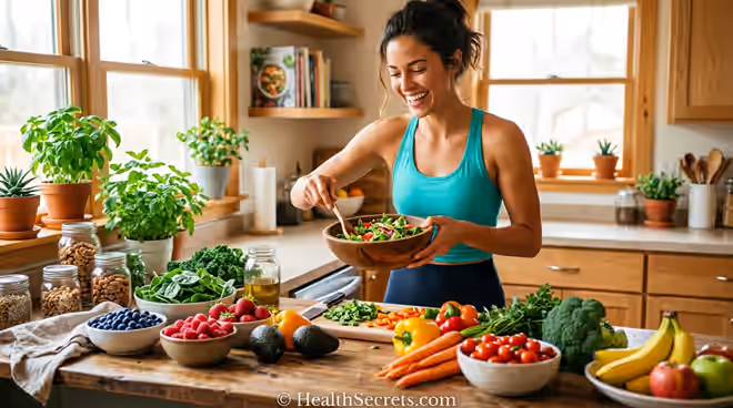 Person looking vibrant and energized after 30 days without added sugar surrounded by whole foods