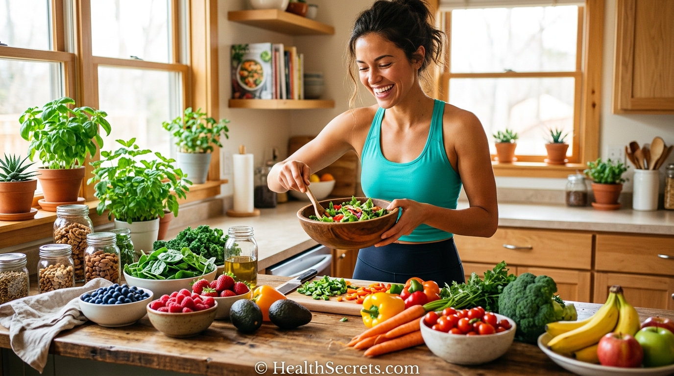 Person looking vibrant and energized after 30 days without added sugar surrounded by whole foods
