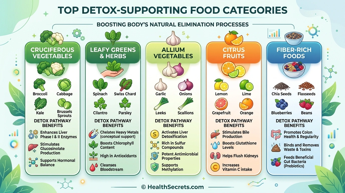 Top detox-supporting foods chart showing cruciferous vegetables, sulfur-rich foods, antioxidant sources and their specific detoxification benefits