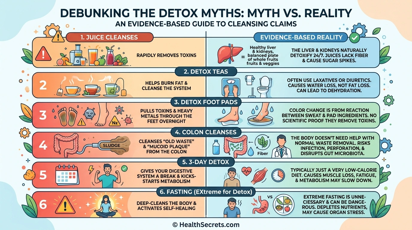 Detox myths versus reality infographic debunking juice cleanses, detox teas, foot pads, and extreme fasting claims