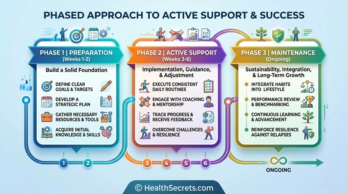 Three-phase evidence-based detox protocol timeline with preparation, active support, and maintenance phases
