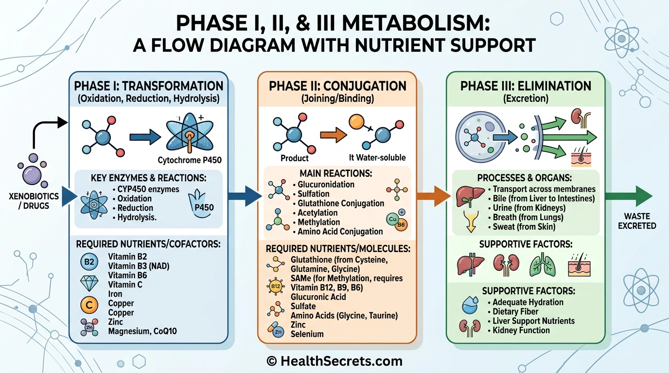 Three phases of liver detoxification diagram showing transformation, conjugation, and elimination pathways