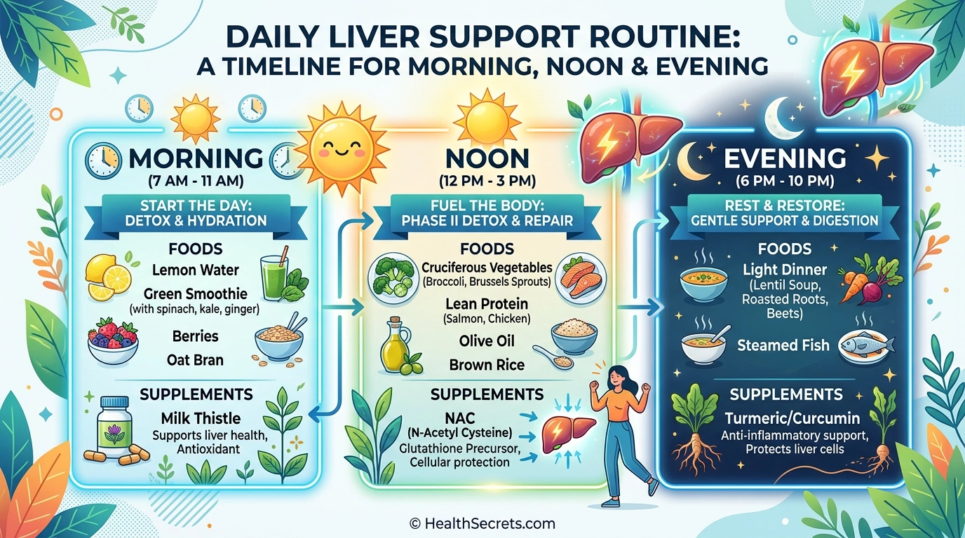 Daily liver support protocol timeline showing morning, afternoon, and evening routine