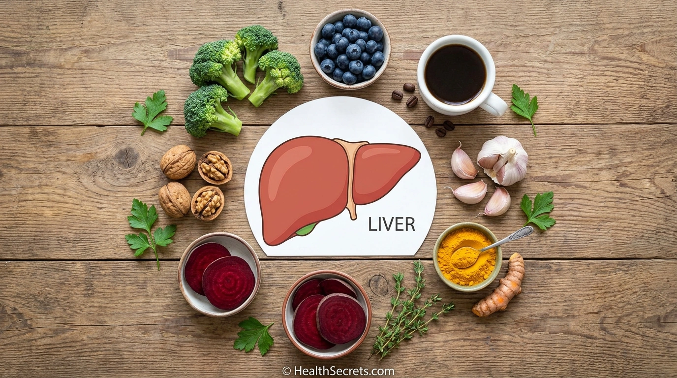 Science-based liver detox support foods including cruciferous vegetables, berries, and coffee