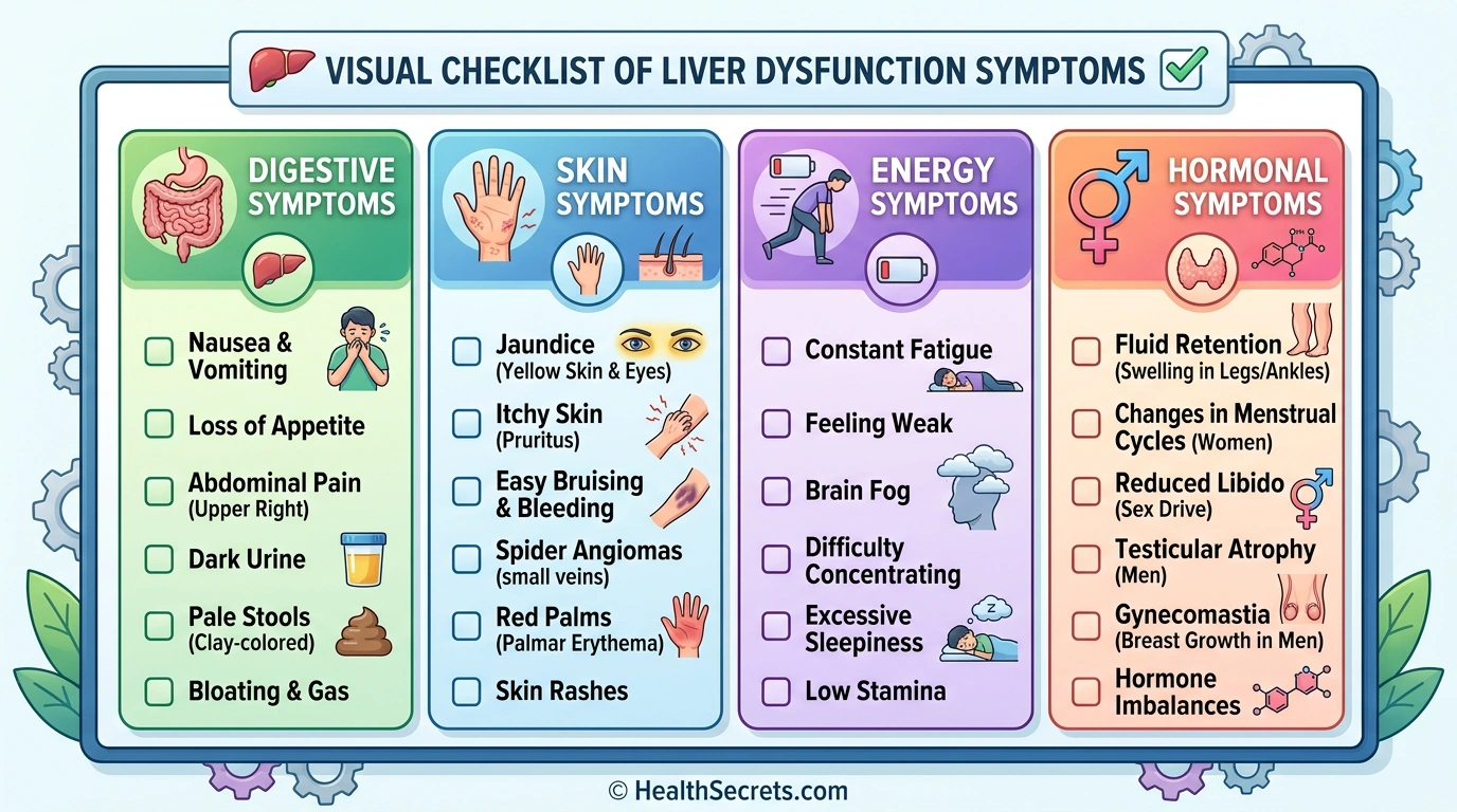 Common warning signs of poor liver function organized by symptom category