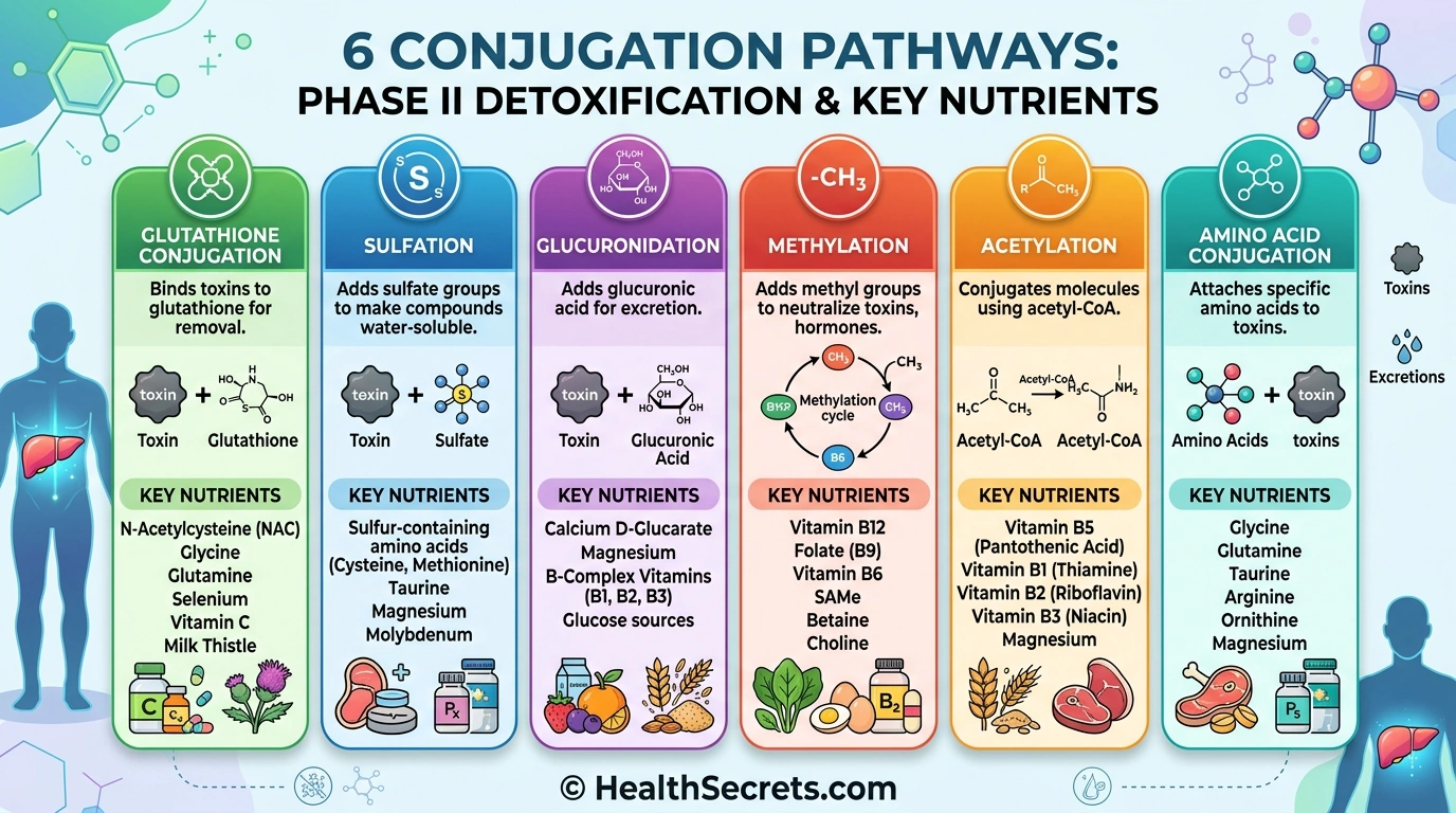 Six Phase II liver detoxification conjugation pathways with required nutrients for each