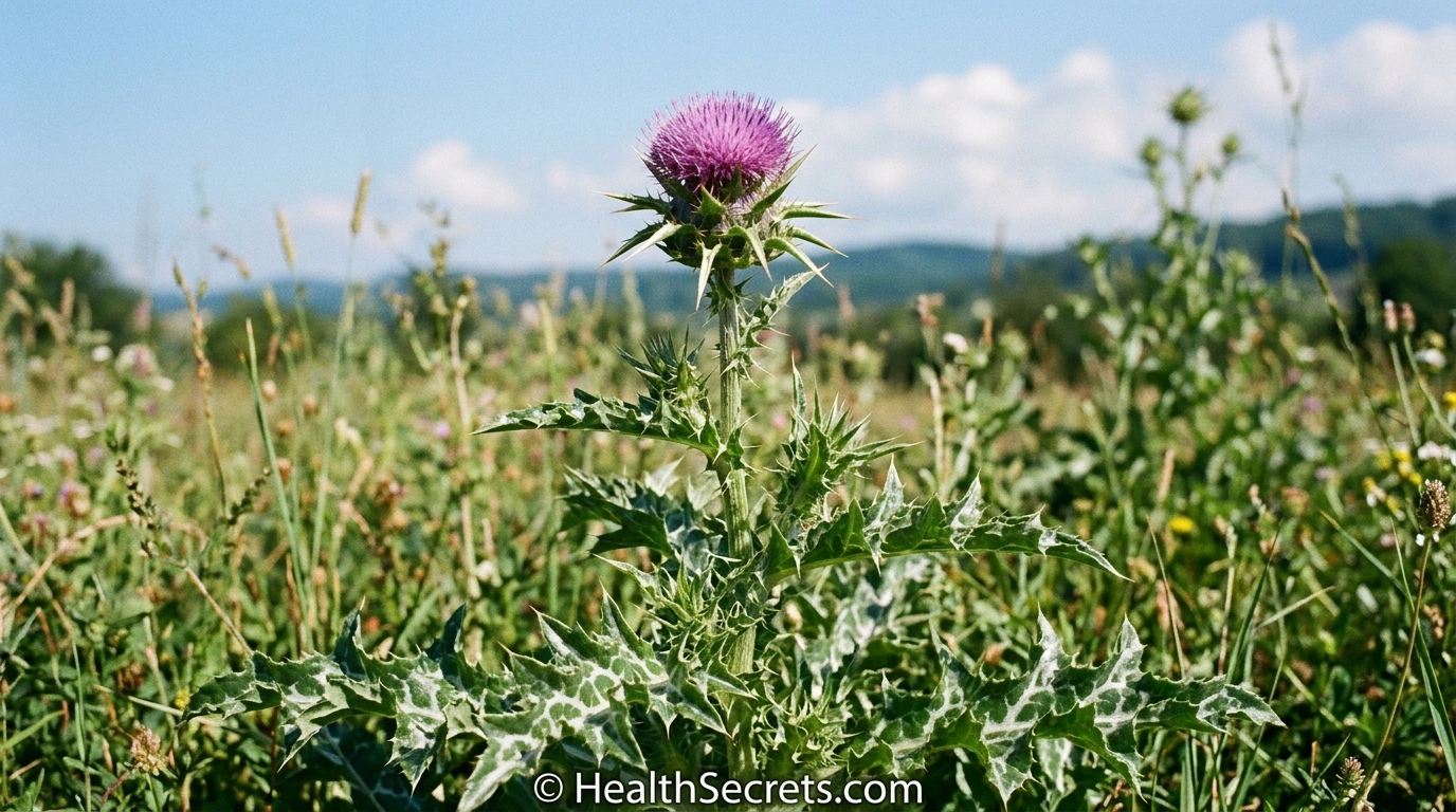 Milk thistle plant Silybum marianum with purple flower used for liver health supplements
