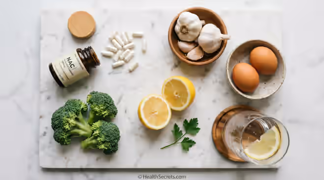 NAC supplement capsules with liver-supportive foods including garlic broccoli and eggs for detoxification