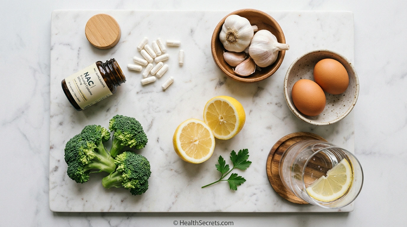 NAC supplement capsules with liver-supportive foods including garlic broccoli and eggs for detoxification