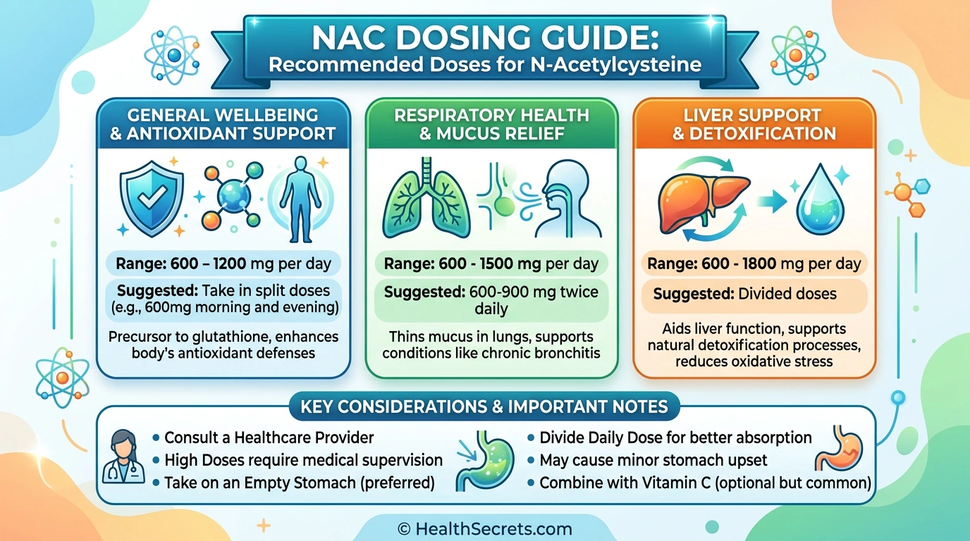 NAC dosing guide infographic showing recommended daily doses for detox liver support respiratory and mental health